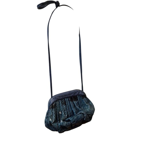 Vintage Snakeskin Python Shoulder Bag Purse Teal Blue Clamshell Leather Interior - Picture 2 of 5